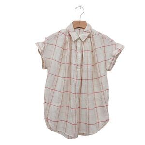 Madewell Plaid Shirt Women XXS Beige 1/2 Button Up Cuffed Sleeve Pleated Cotton